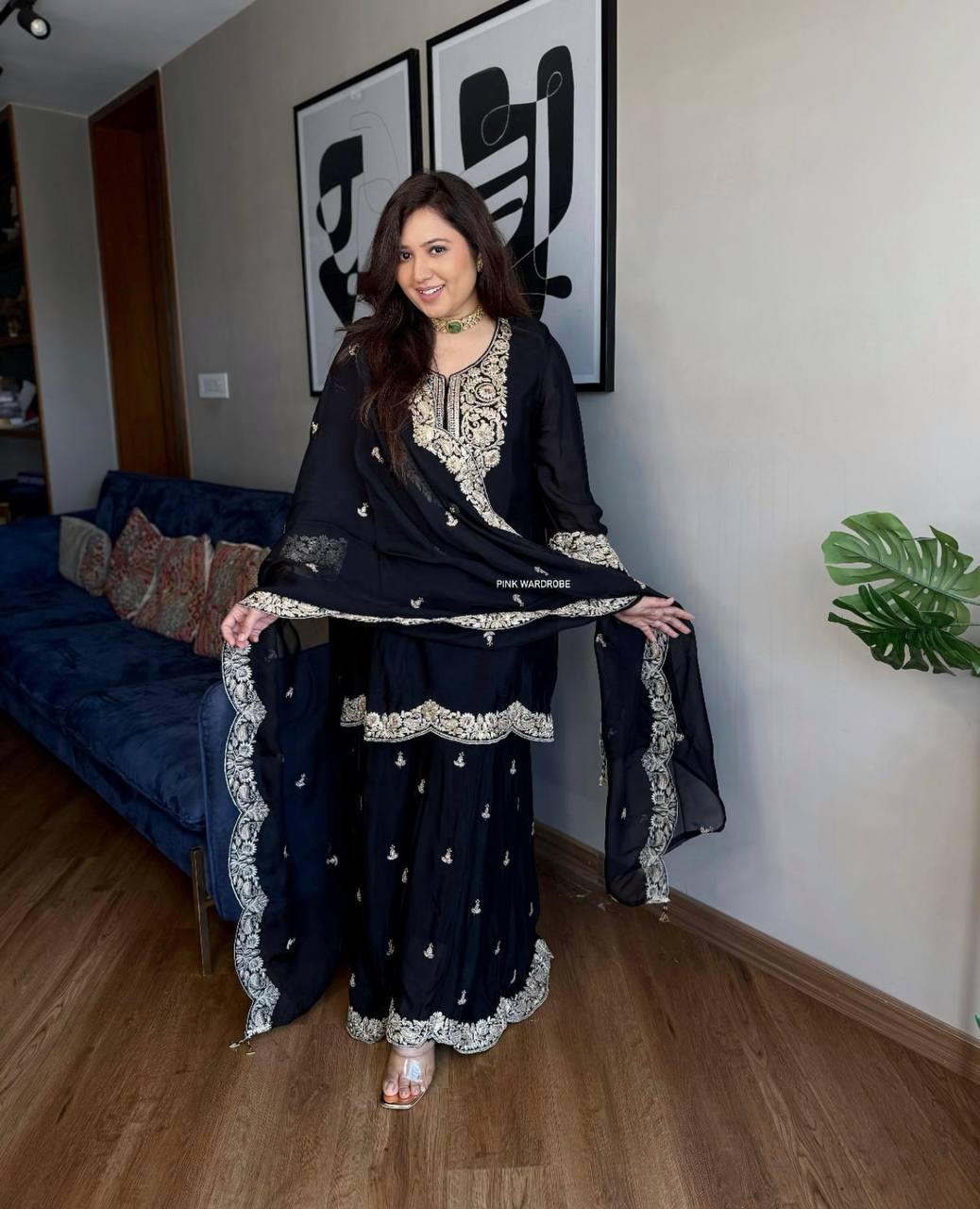 "Elegance Redefined: Pure Chinnon Silk Embroidered Top, Plazzo & Dupatta Set"