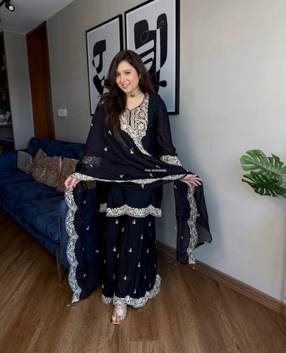 "Elegance Redefined: Pure Chinnon Silk Embroidered Top, Plazzo & Dupatta Set"