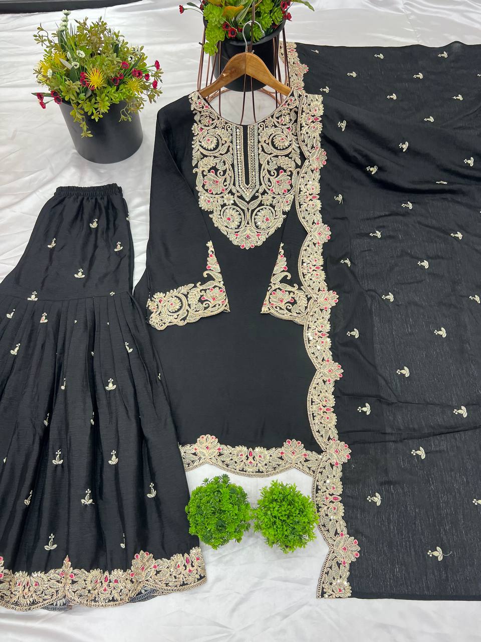 "Elegance Redefined: Pure Chinnon Silk Embroidered Top, Plazzo & Dupatta Set"