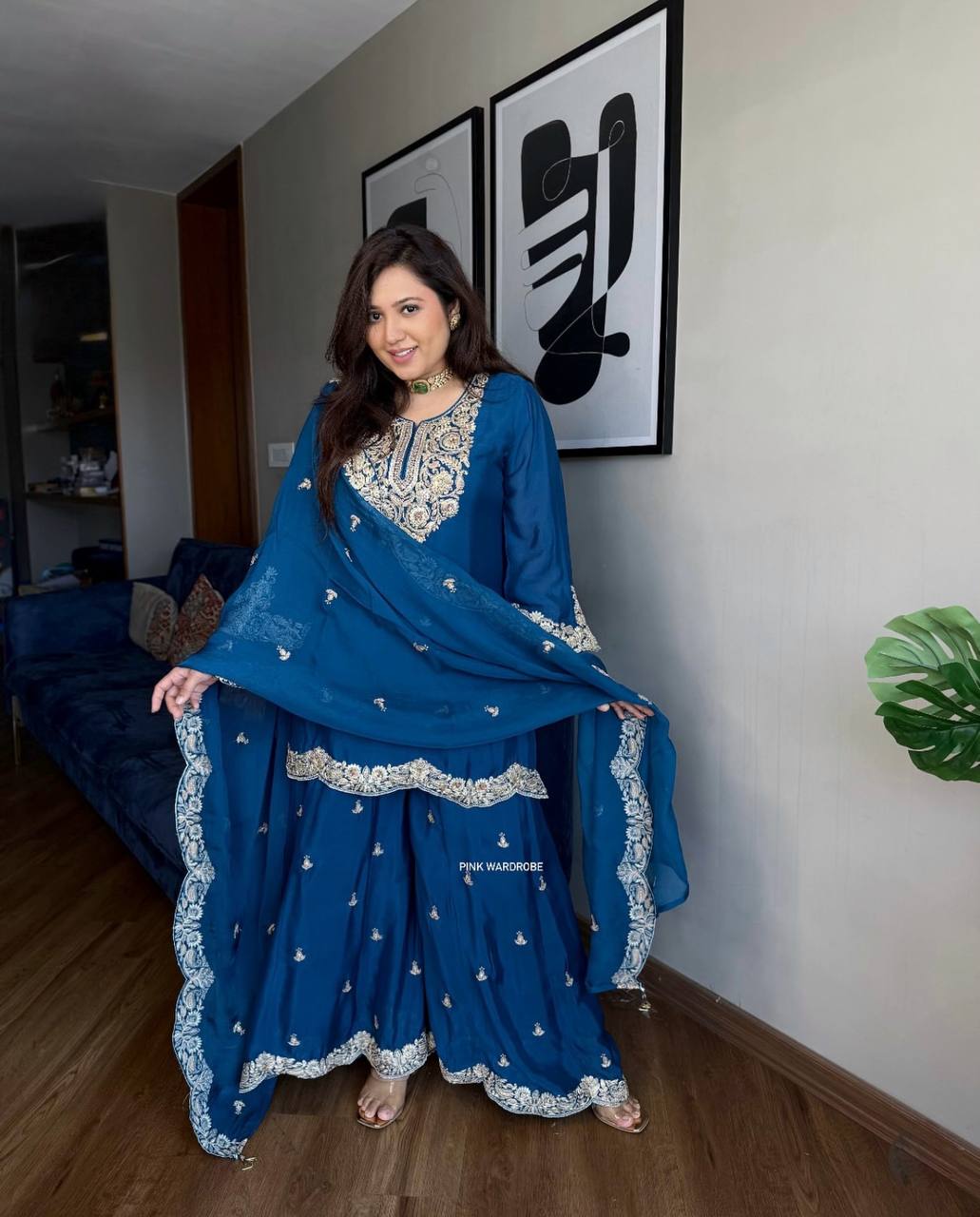 "Elegance Redefined: Pure Chinnon Silk Embroidered Top, Plazzo & Dupatta Set"