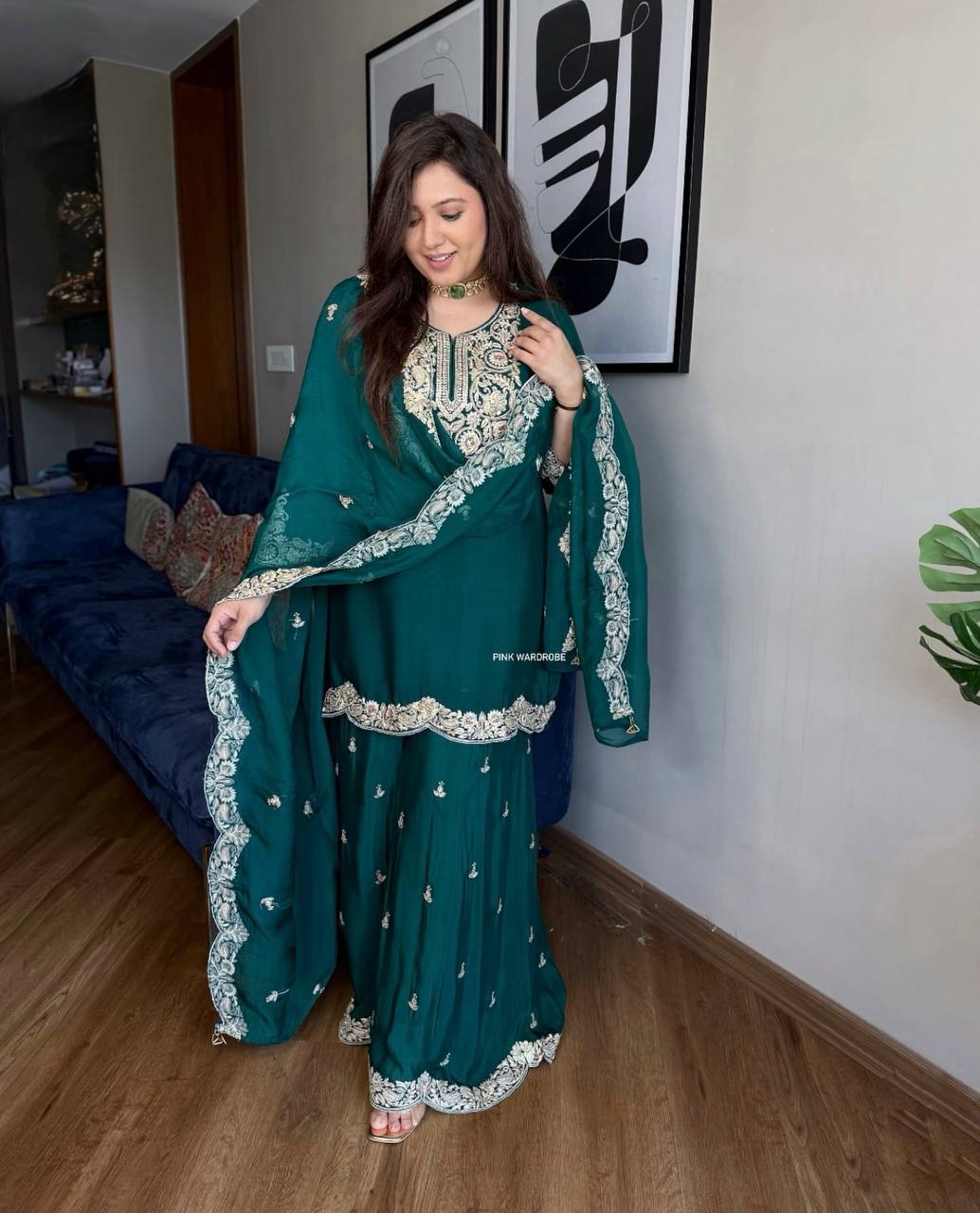 "Elegance Redefined: Pure Chinnon Silk Embroidered Top, Plazzo & Dupatta Set"