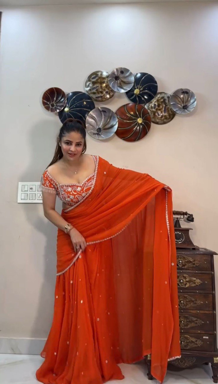 "Elegant Faux Georgette Lehenga Saree & Choli Set with Sequins & Ruffle Style"