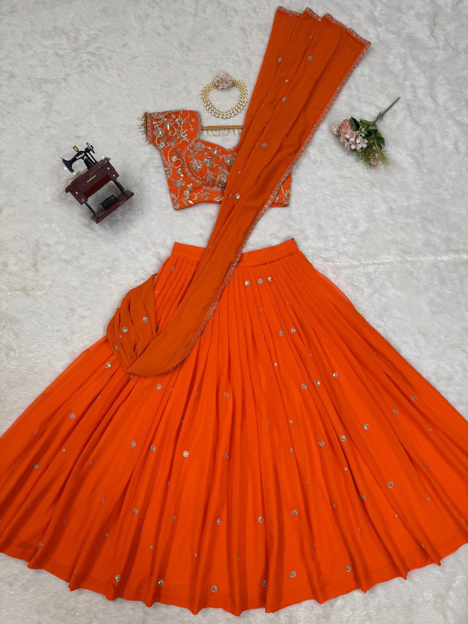 "Elegant Faux Georgette Lehenga Saree & Choli Set with Sequins & Ruffle Style"