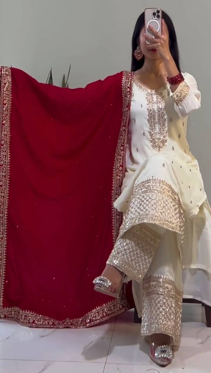 "Elegant Chinnon Silk Ensemble with Heavy Embroidery & Sequence Work"