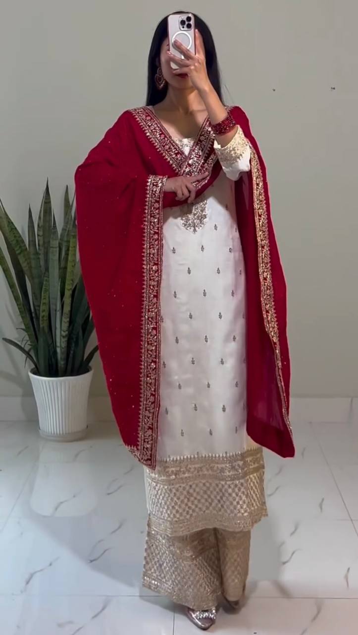 "Elegant Chinnon Silk Ensemble with Heavy Embroidery & Sequence Work"