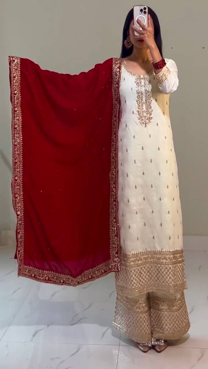 "Elegant Chinnon Silk Ensemble with Heavy Embroidery & Sequence Work"