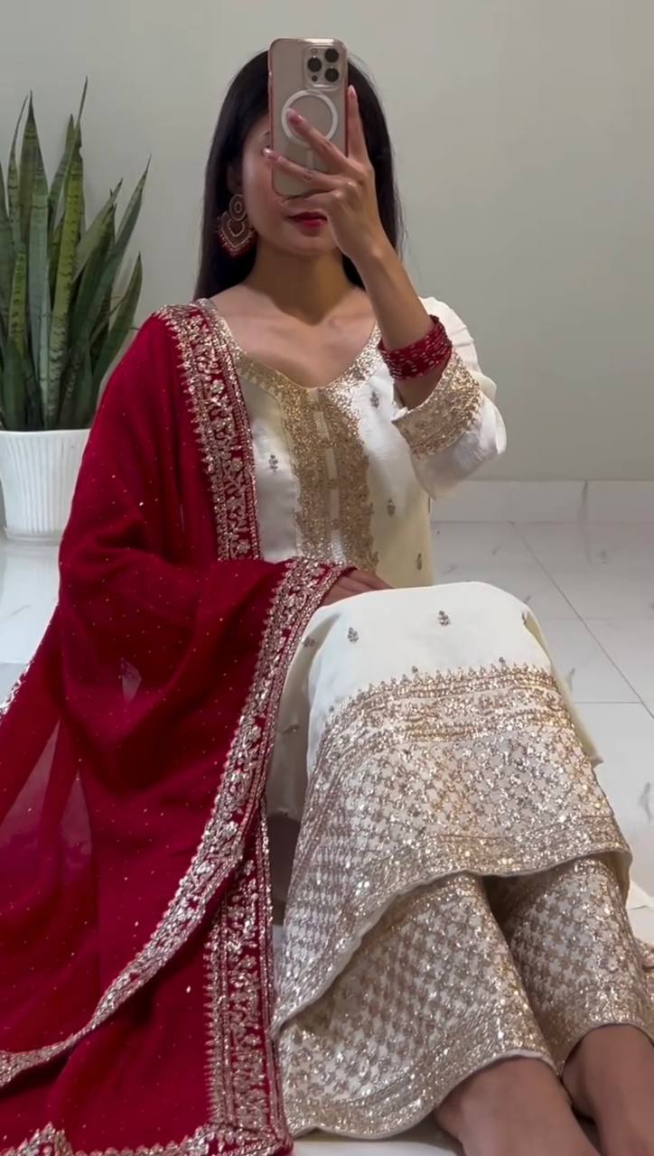 "Elegant Chinnon Silk Ensemble with Heavy Embroidery & Sequence Work"