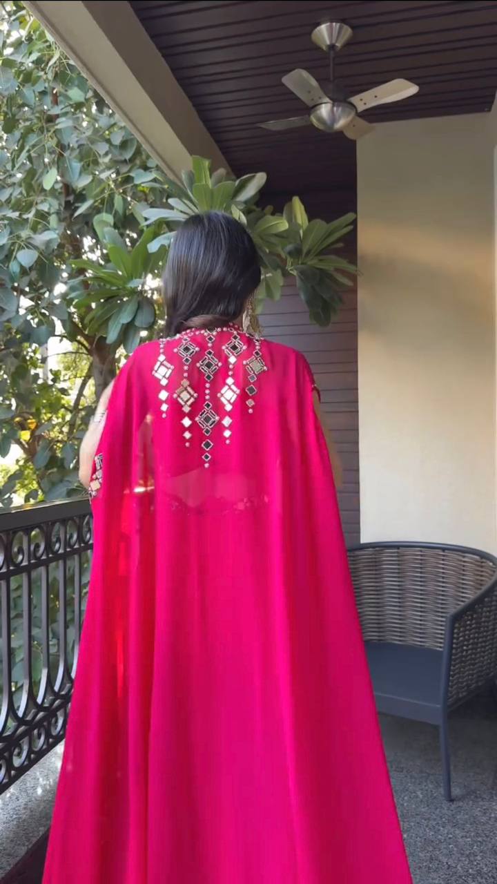 "Mirror Work Georgette Blouse, Palazzo & Shrug Set"