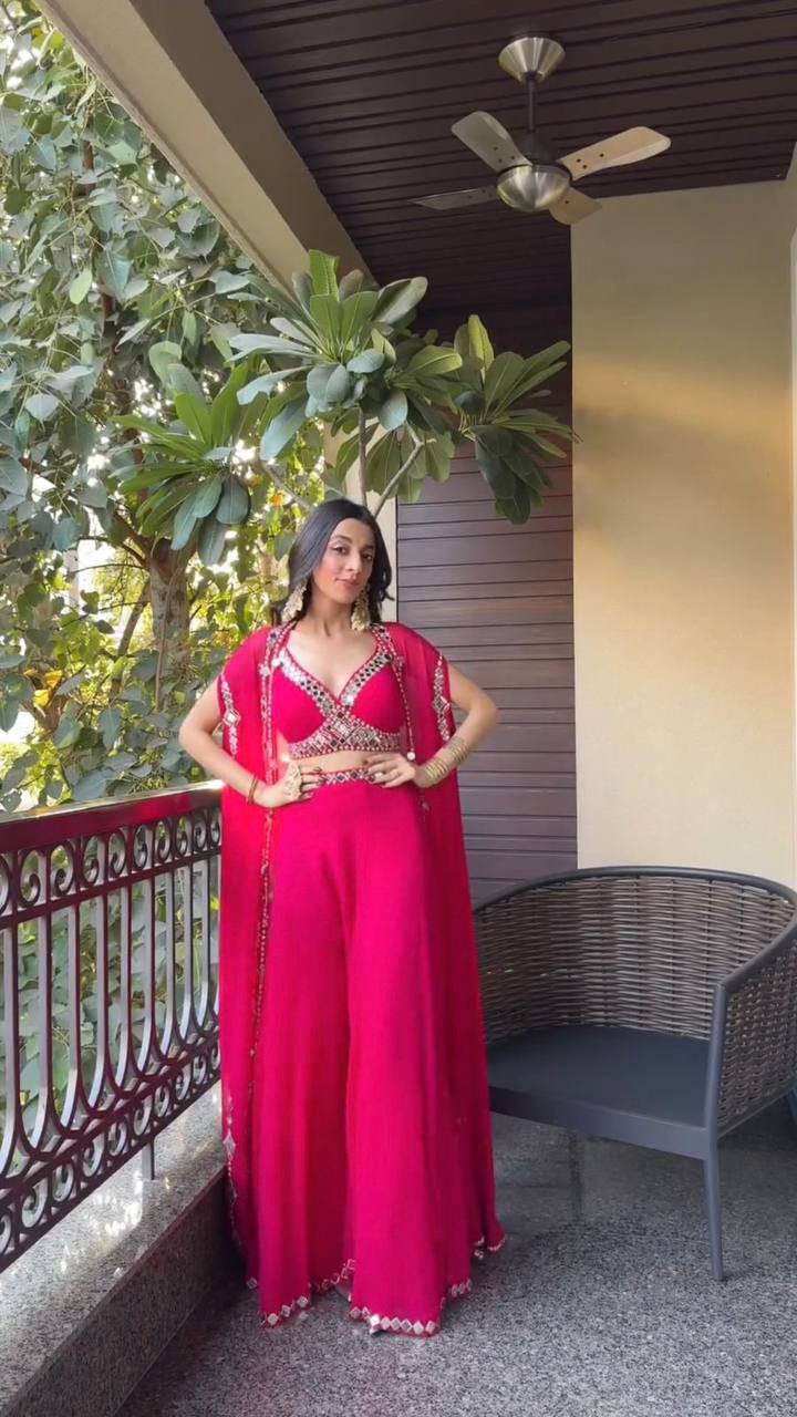 "Mirror Work Georgette Blouse, Palazzo & Shrug Set"