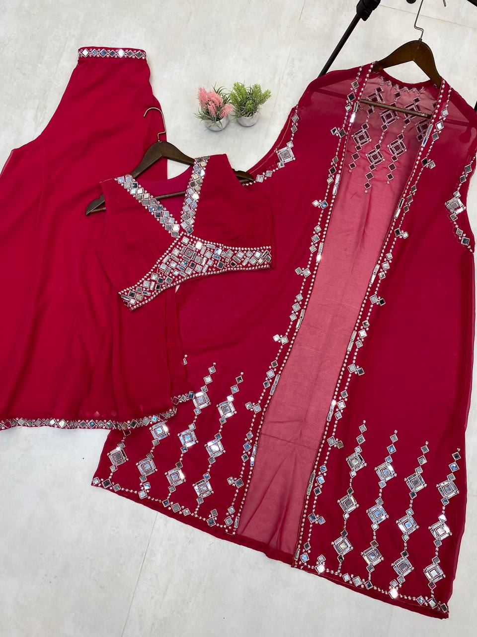 "Mirror Work Georgette Blouse, Palazzo & Shrug Set"