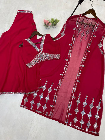 "Mirror Work Georgette Blouse, Palazzo & Shrug Set"