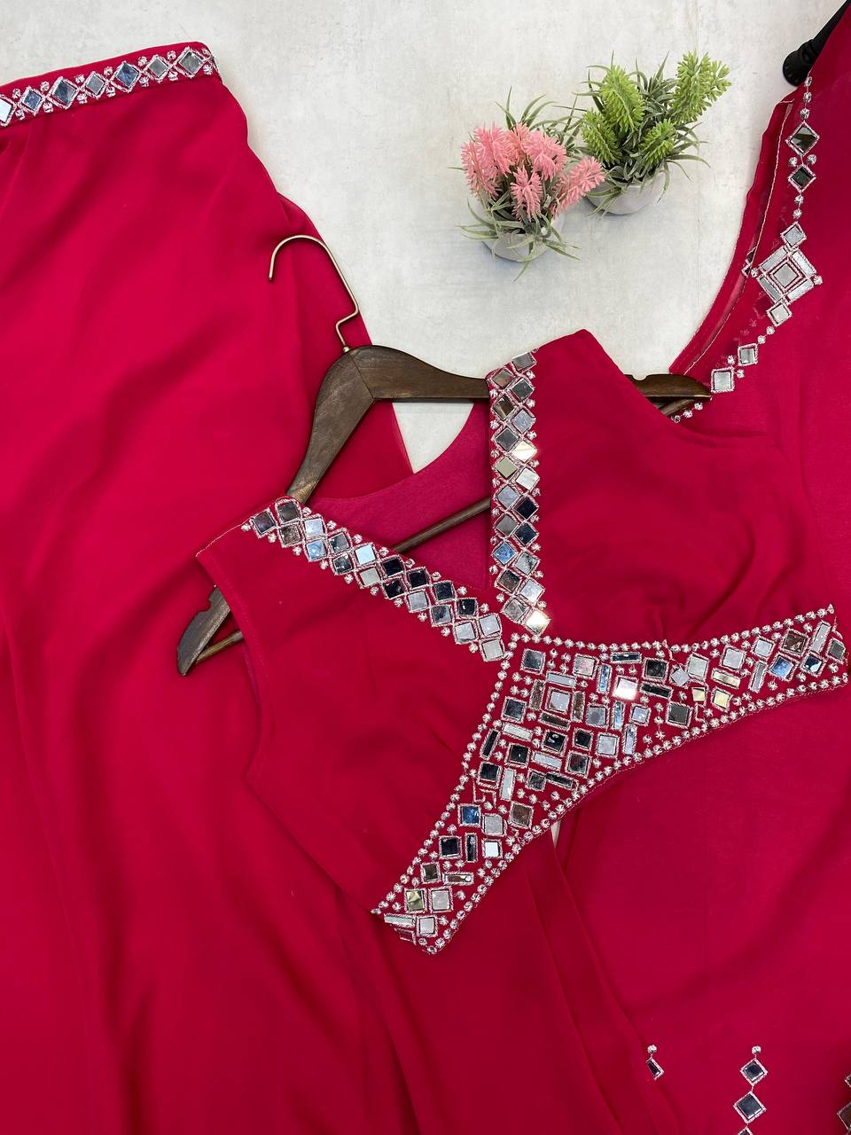 "Mirror Work Georgette Blouse, Palazzo & Shrug Set"