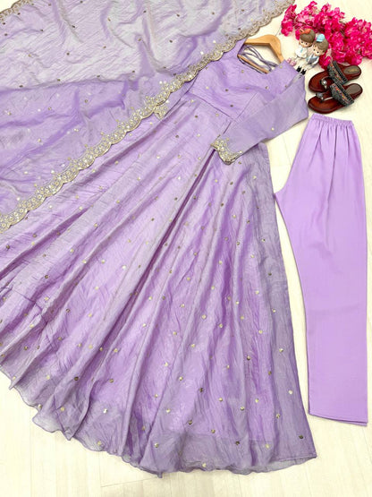 "Beautiful Embroidered Soft Gold Crush Silk Umbrella Gown with Dupatta"