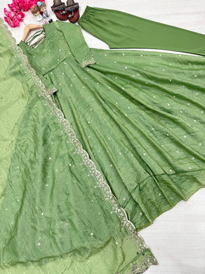 "Beautiful Embroidered Soft Gold Crush Silk Umbrella Gown with Dupatta"