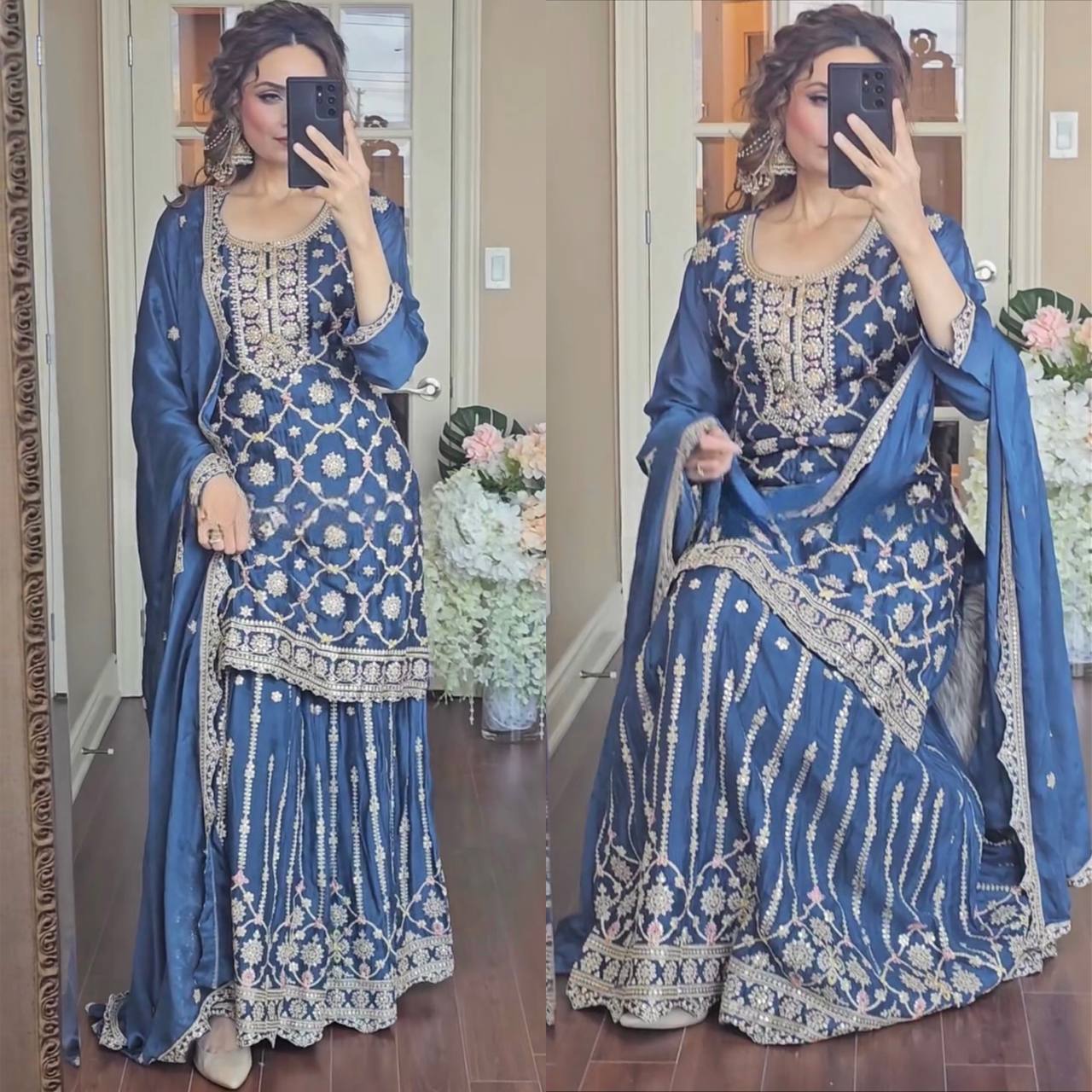 "Elegant Pure Heavy Chinnon Silk Set with Intricate Embroidery and Lace Border Dupatta"