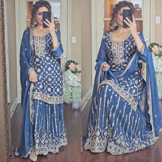 "Elegant Pure Heavy Chinnon Silk Set with Intricate Embroidery and Lace Border Dupatta"
