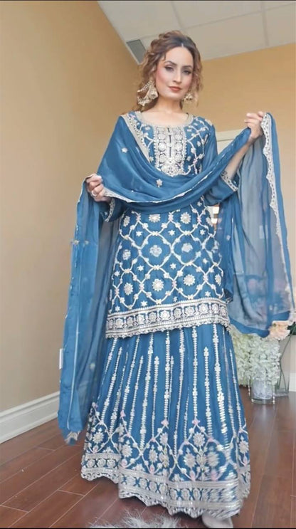 "Elegant Pure Heavy Chinnon Silk Set with Intricate Embroidery and Lace Border Dupatta"