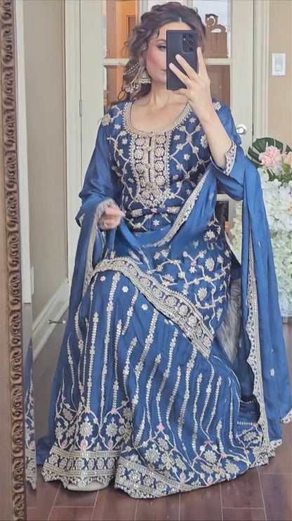 "Elegant Pure Heavy Chinnon Silk Set with Intricate Embroidery and Lace Border Dupatta"