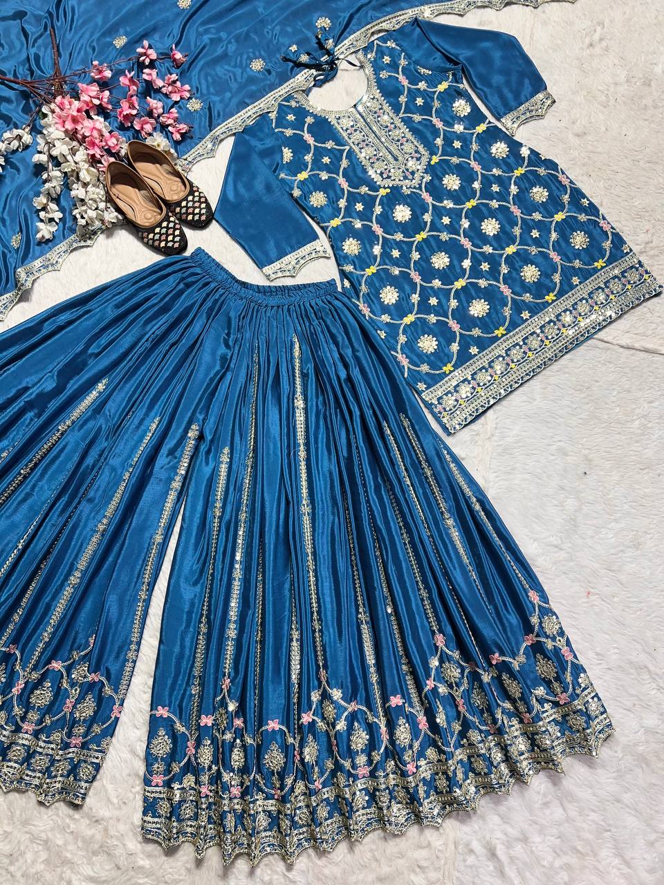 "Elegant Pure Heavy Chinnon Silk Set with Intricate Embroidery and Lace Border Dupatta"
