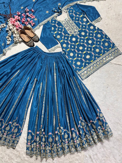 "Elegant Pure Heavy Chinnon Silk Set with Intricate Embroidery and Lace Border Dupatta"