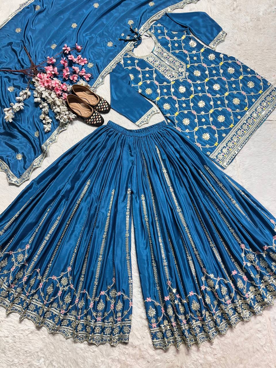 "Elegant Pure Heavy Chinnon Silk Set with Intricate Embroidery and Lace Border Dupatta"