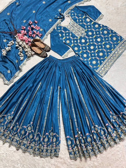 "Elegant Pure Heavy Chinnon Silk Set with Intricate Embroidery and Lace Border Dupatta"
