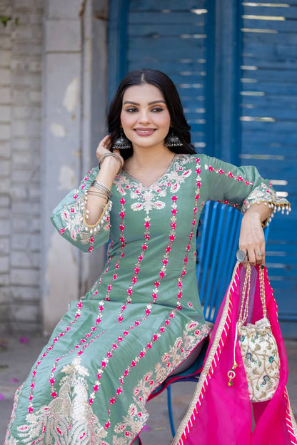 "Luxurious Heavy Roman Silk Top & Plazzo Set with Fancy Handwork & Organza Dupatta"