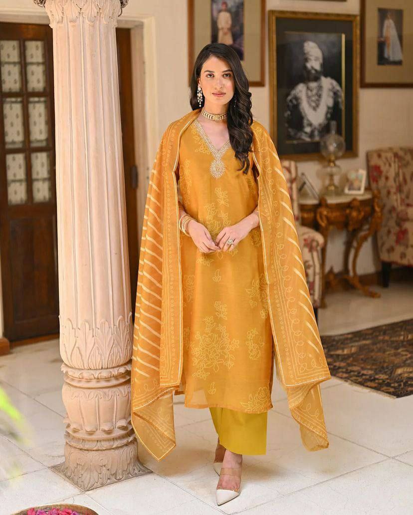 "Elegant Pure Rayon Embroidered Kurti Set with Taby Silk Dupatta – Orange & Blue"