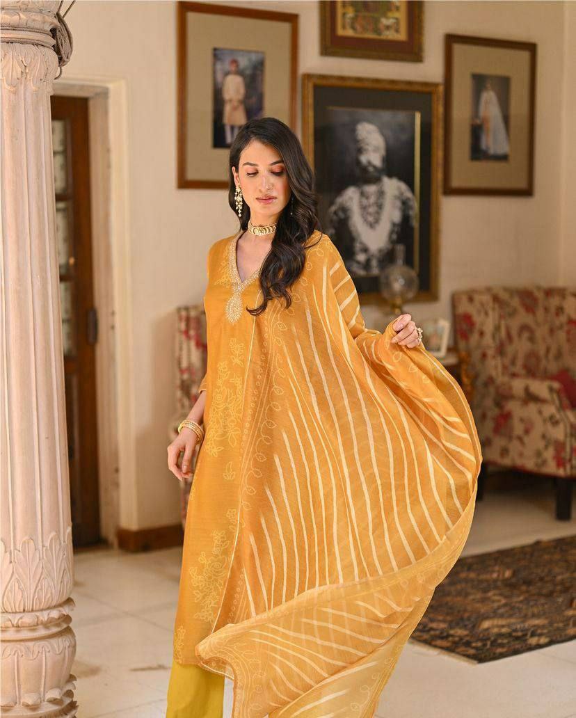 "Elegant Pure Rayon Embroidered Kurti Set with Taby Silk Dupatta – Orange & Blue"