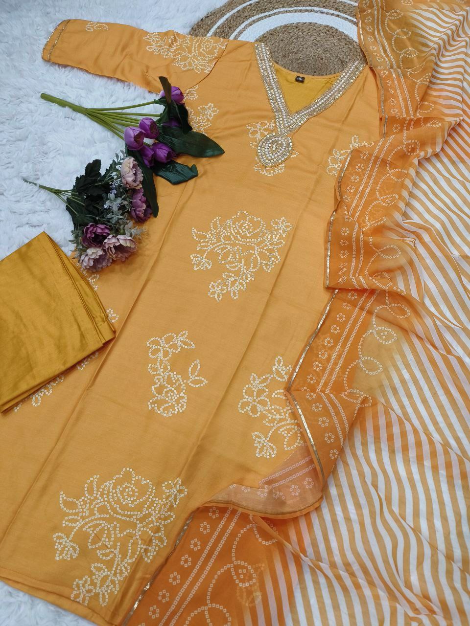 "Elegant Pure Rayon Embroidered Kurti Set with Taby Silk Dupatta – Orange & Blue"