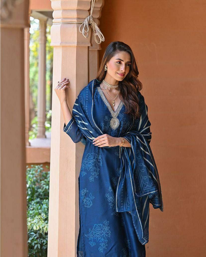 "Elegant Pure Rayon Embroidered Kurti Set with Taby Silk Dupatta – Orange & Blue"