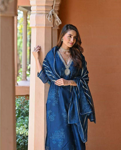 "Elegant Pure Rayon Embroidered Kurti Set with Taby Silk Dupatta – Orange & Blue"