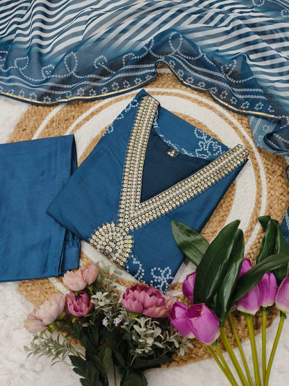 "Elegant Pure Rayon Embroidered Kurti Set with Taby Silk Dupatta – Orange & Blue"