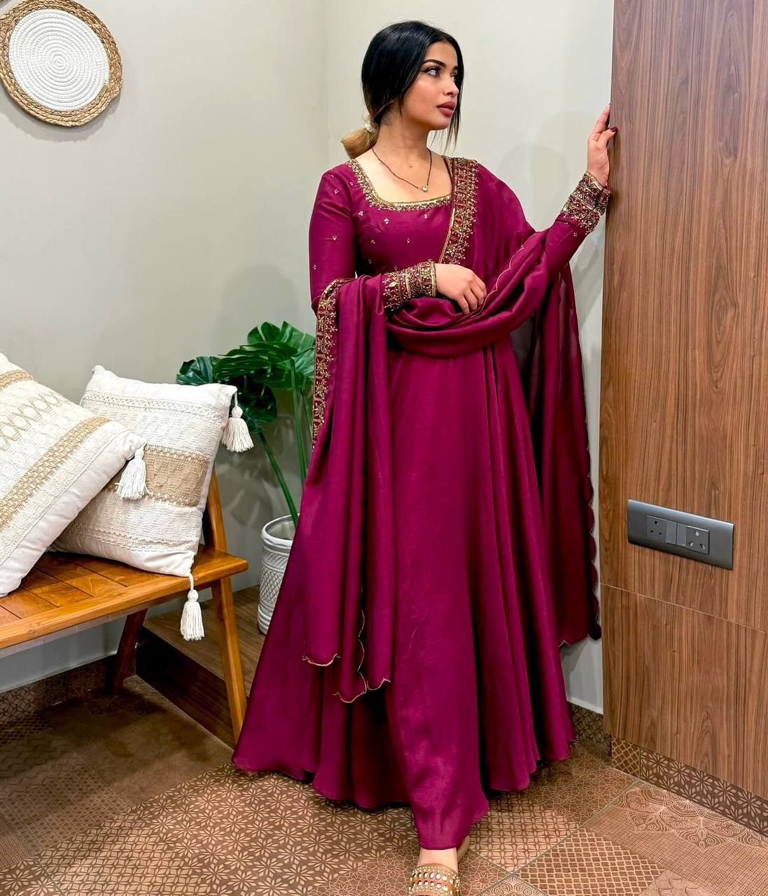 "Luxury Vichi Silk GWON with Embroidered Dupatta – Fully Stitched & Ready to Wear"