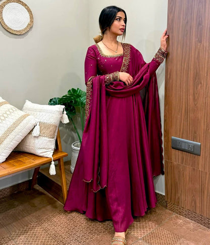 "Luxury Vichi Silk GWON with Embroidered Dupatta – Fully Stitched & Ready to Wear"