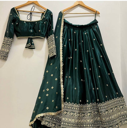 "Elegant Heavy Slub-Satin Silk Lehenga Set with Siqwan Embroidery & Fancy Latkan Dori"
