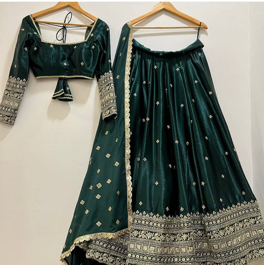 "Elegant Heavy Slub-Satin Silk Lehenga Set with Siqwan Embroidery & Fancy Latkan Dori"