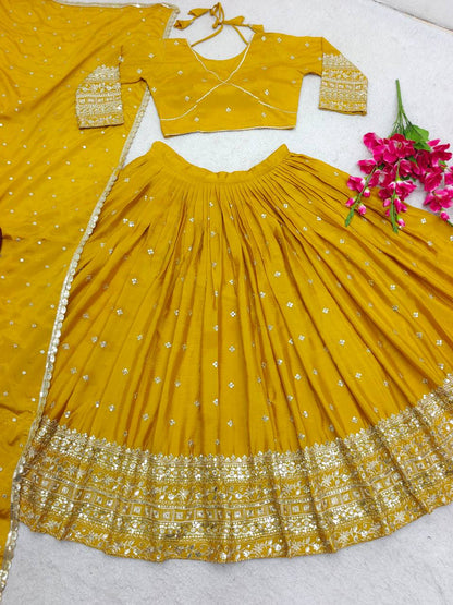 "Elegant Heavy Slub-Satin Silk Lehenga Set with Siqwan Embroidery & Fancy Latkan Dori"