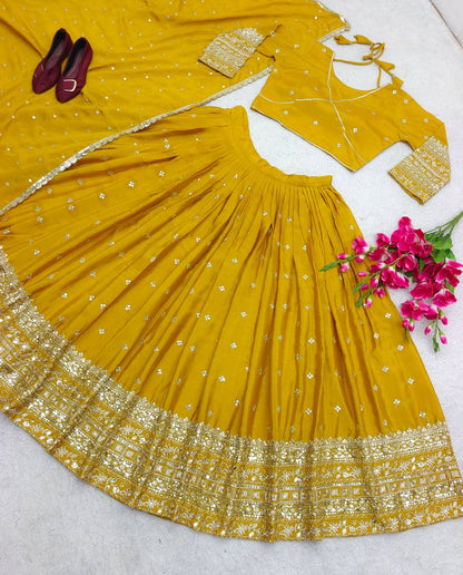 "Elegant Heavy Slub-Satin Silk Lehenga Set with Siqwan Embroidery & Fancy Latkan Dori"
