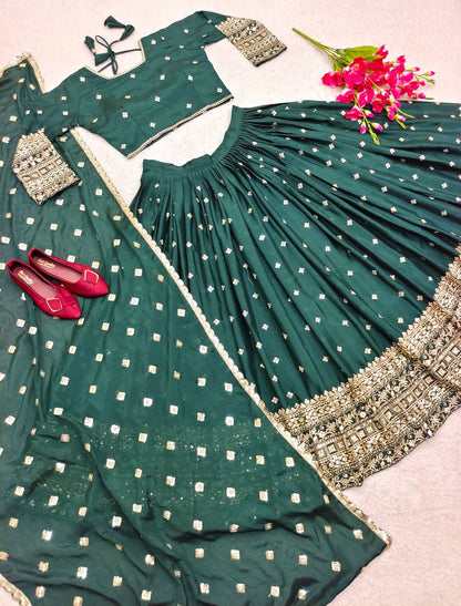 "Elegant Heavy Slub-Satin Silk Lehenga Set with Siqwan Embroidery & Fancy Latkan Dori"