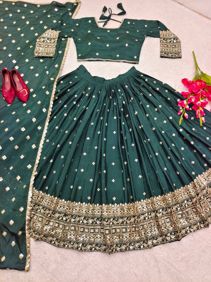 "Elegant Heavy Slub-Satin Silk Lehenga Set with Siqwan Embroidery & Fancy Latkan Dori"
