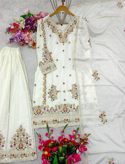 "Elegant Cinon Silk Embroidered Top, Sarara, and Dupatta Set – Fully Stitched, Ready to Wear"