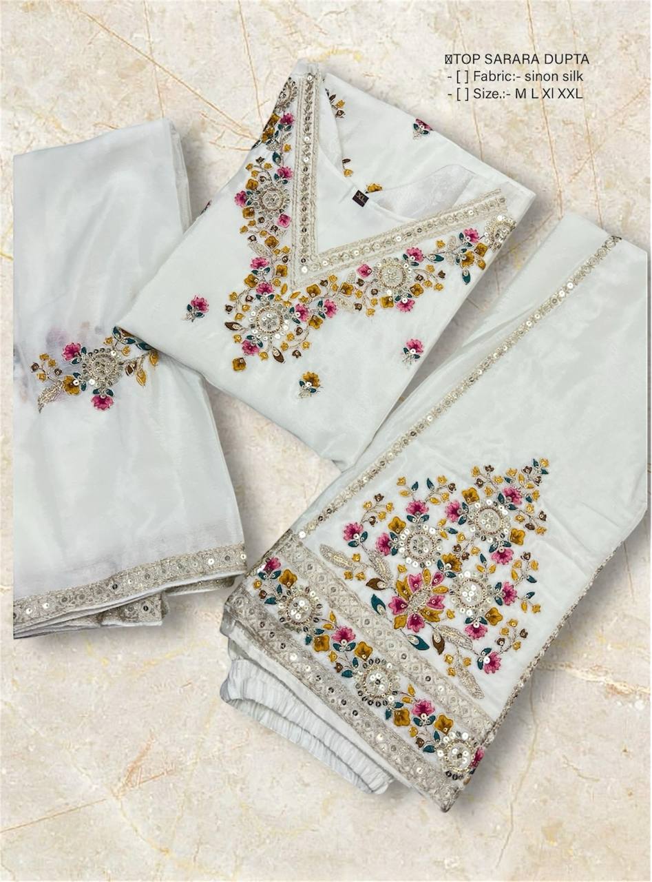 "Elegant Cinon Silk Embroidered Top, Sarara, and Dupatta Set – Fully Stitched, Ready to Wear"