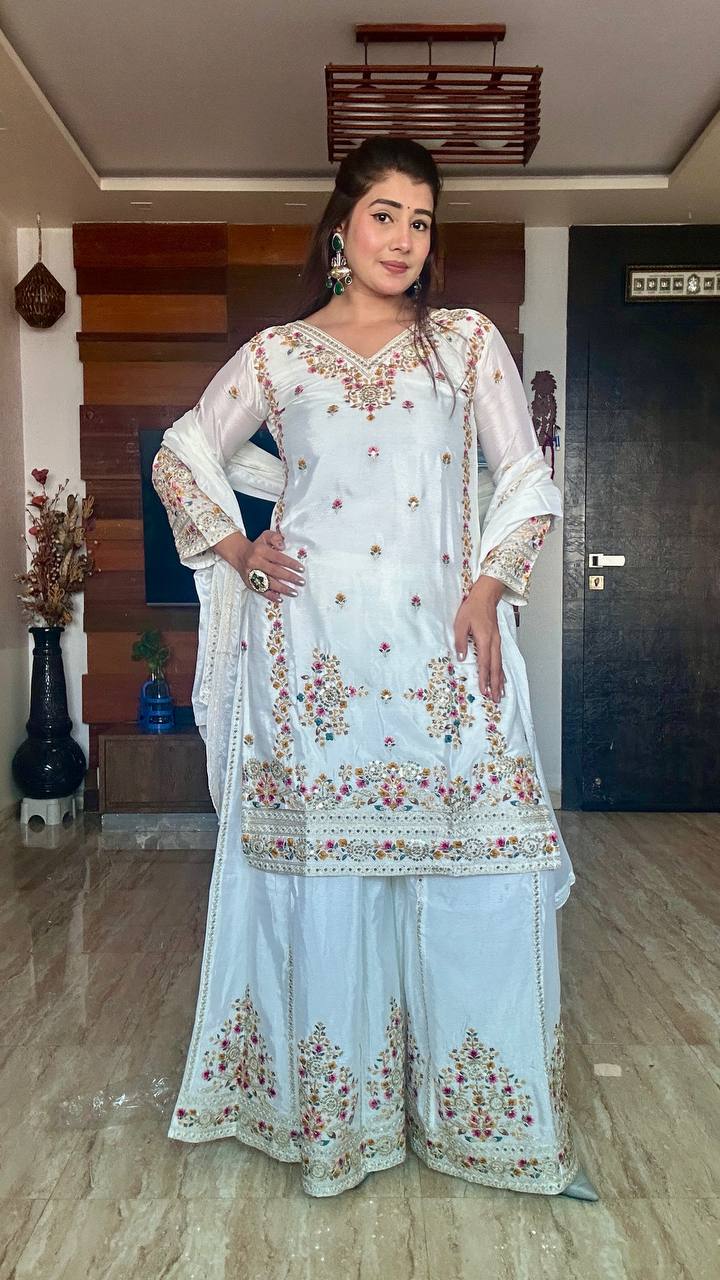 "Elegant Cinon Silk Embroidered Top, Sarara, and Dupatta Set – Fully Stitched, Ready to Wear"