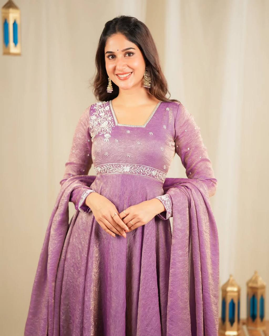 "Elegant Heavy Goldcrush Silk Gown with Embroidery & Rivet Moti Work"