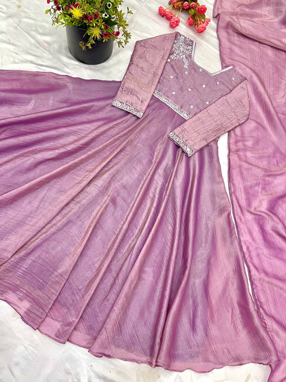 "Elegant Heavy Goldcrush Silk Gown with Embroidery & Rivet Moti Work"