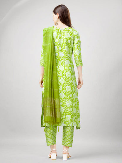"Elegant Parrot Green Rayon Kurti Set with Embroidery, Fancy Lace, and Silk Blend Dupatta"