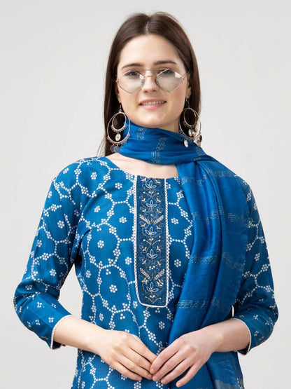 "Elegant Rayon Print Kurti with Embroidery, Fancy Lace Work & Silk Blend Dupatta"