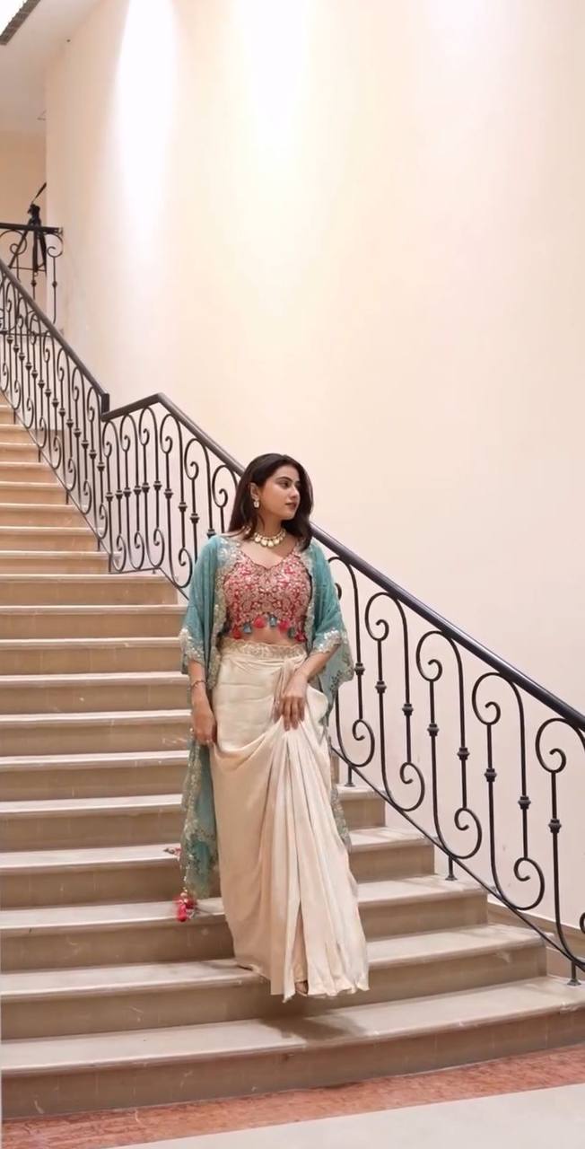 "Elegant Sequence Embroidered Ensemble: Tube Blouse, Draped Skirt & Shrug"
