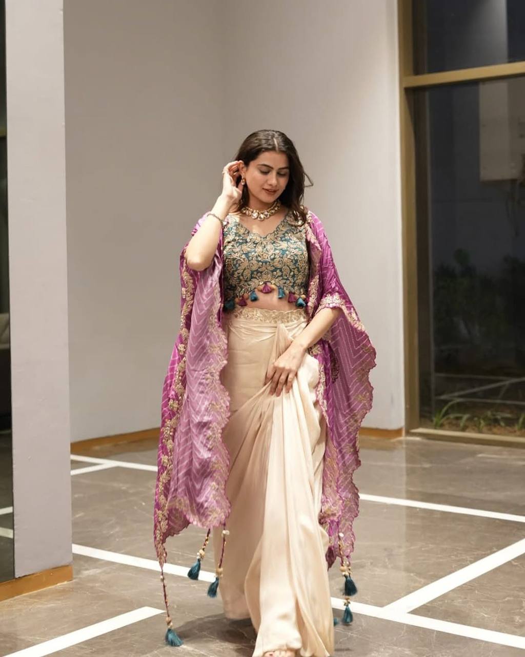 "Elegant Sequence Embroidered Ensemble: Tube Blouse, Draped Skirt & Shrug"